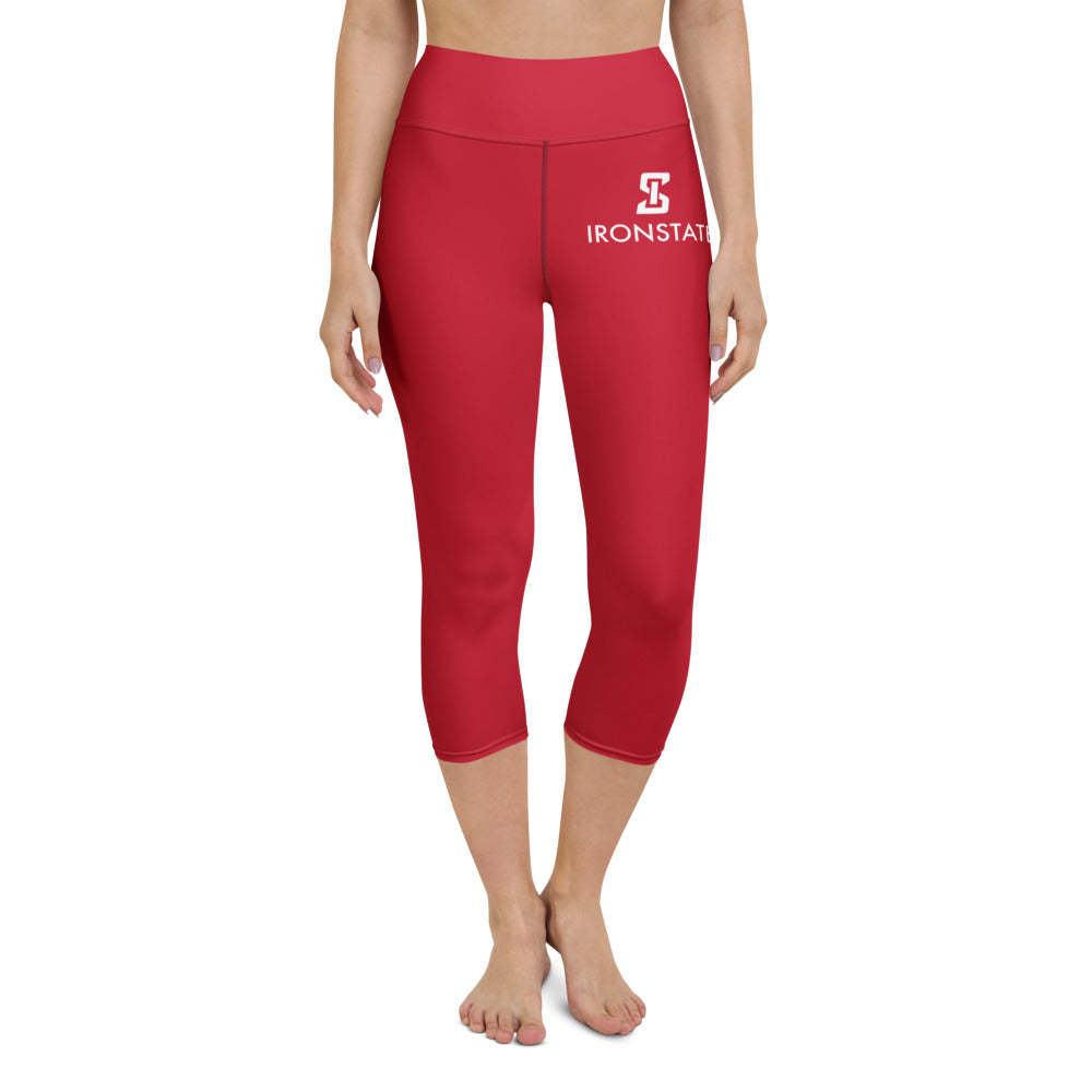 Ironstate Women's Red Yoga Capri Leggings White Logo - front view
