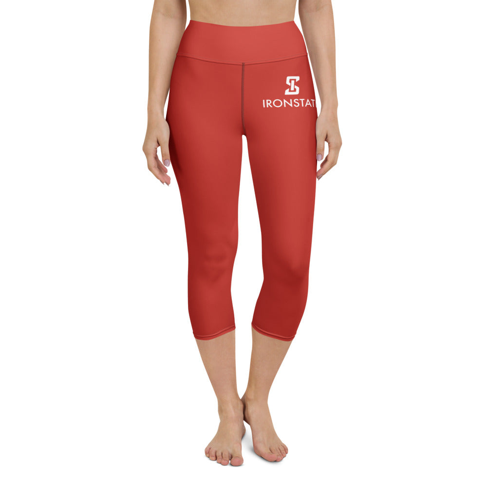Ironstate Women's Crimson Red Yoga Capri Leggings White Logo - front view