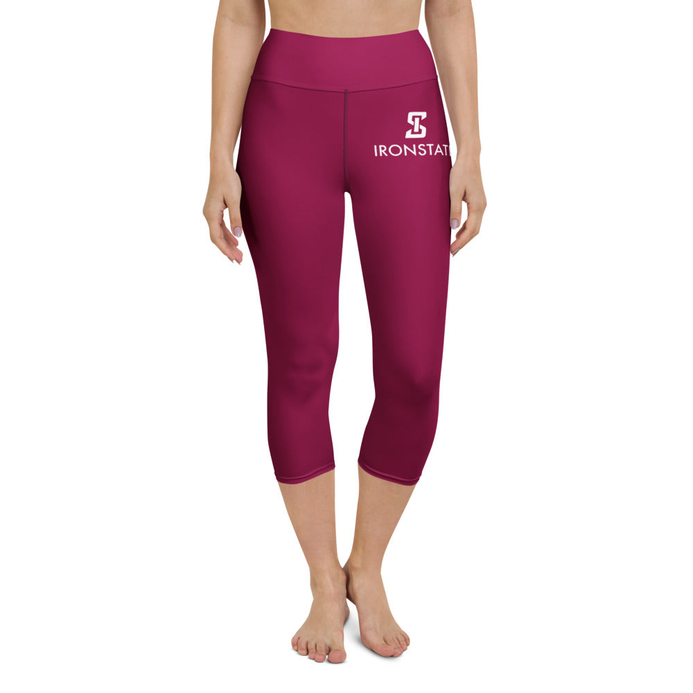 Ironstate Women's Burgundy Yoga Capri Leggings White Logo - front view