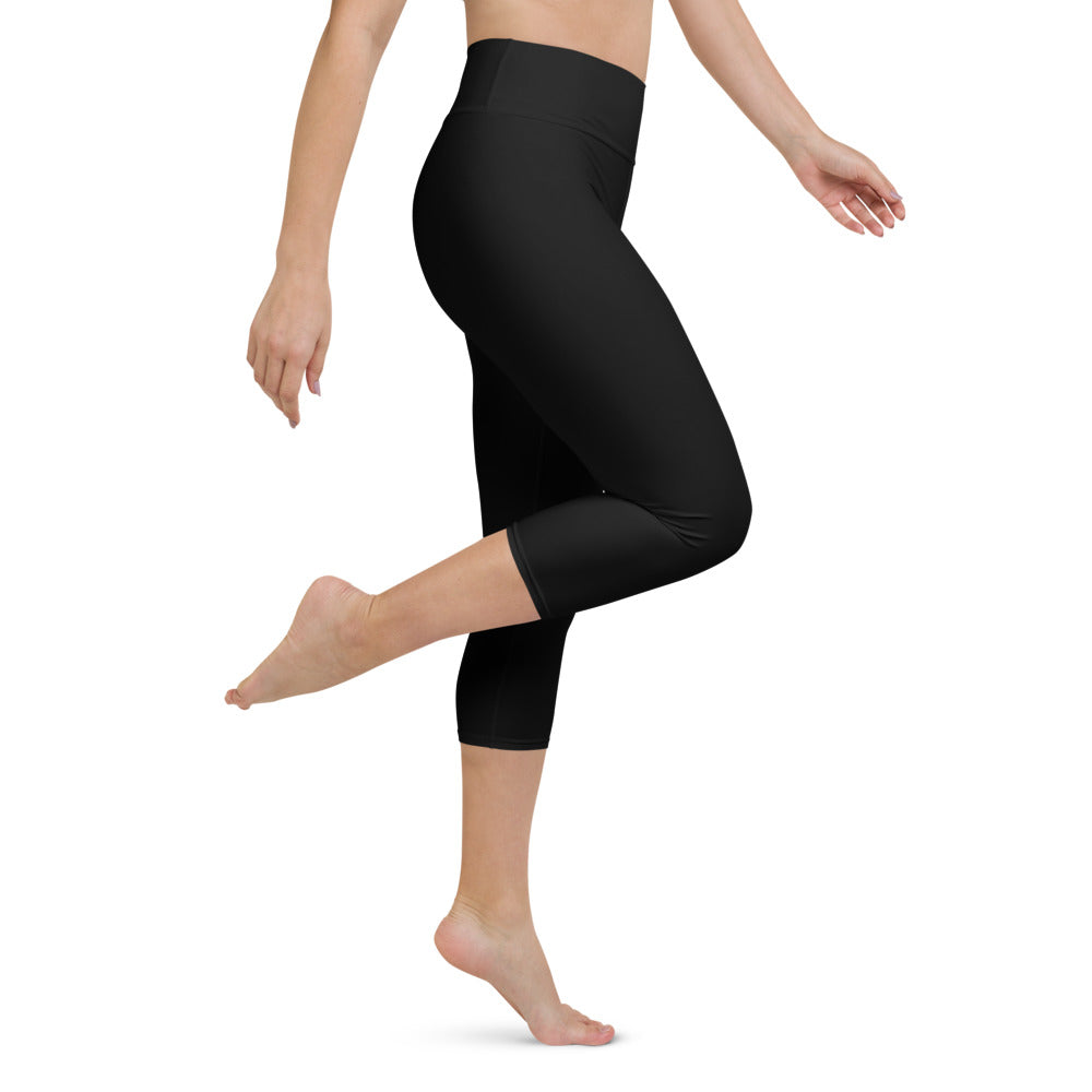 Ironstate Women's Black Yoga Capri Leggings White Logo - logo close-up