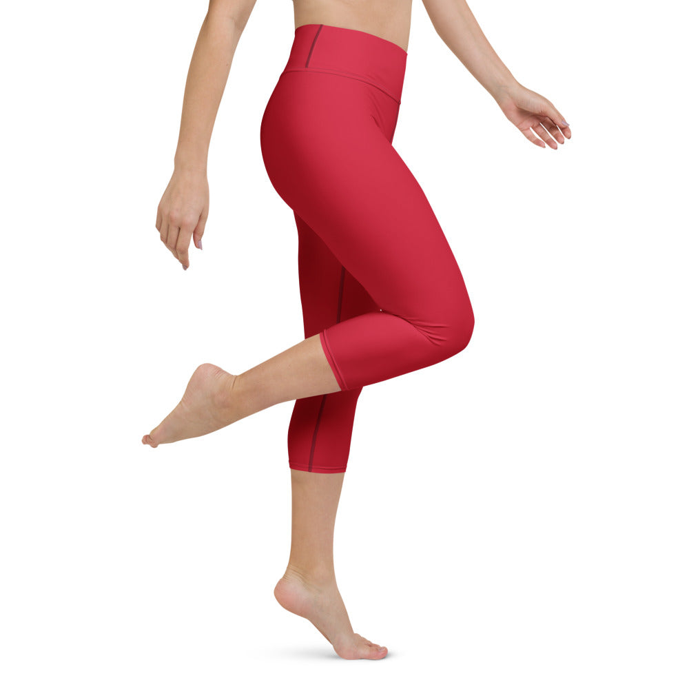 Ironstate Women's Red Yoga Capri Leggings White Logo - logo close-up
