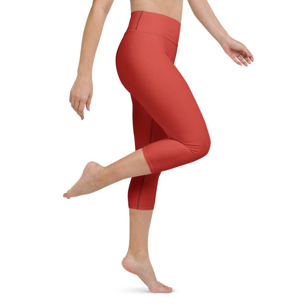 Ironstate Women's Crimson Red Yoga Capri Leggings White Logo - logo close-up