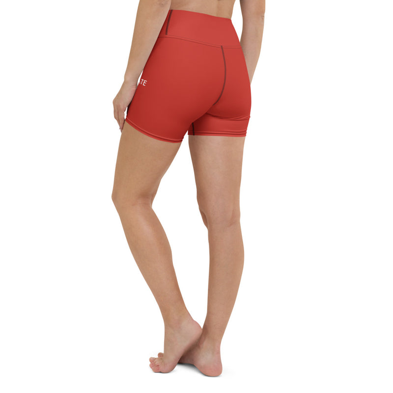 Ironstate Women's Crimson Red Yoga Shorts White Logo - back view