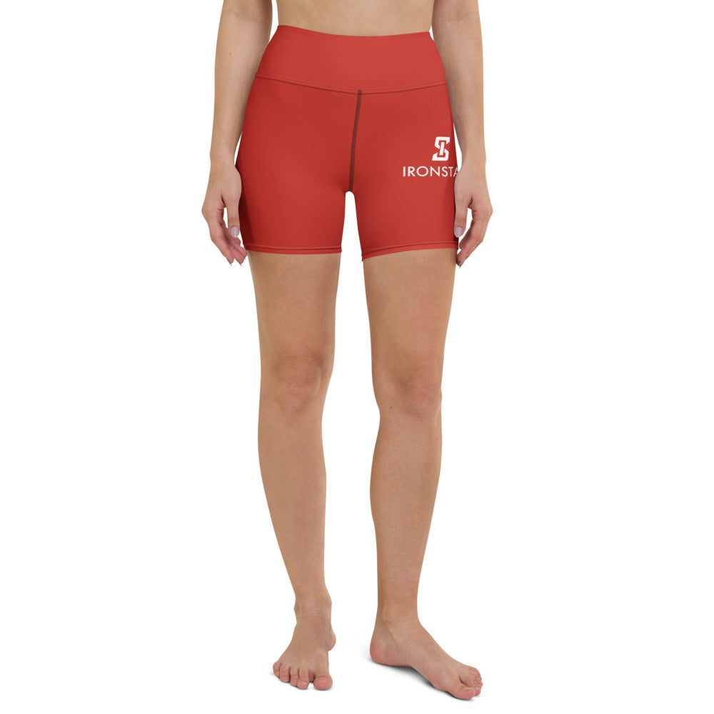Ironstate Women's Crimson Red Yoga Shorts White Logo - front view