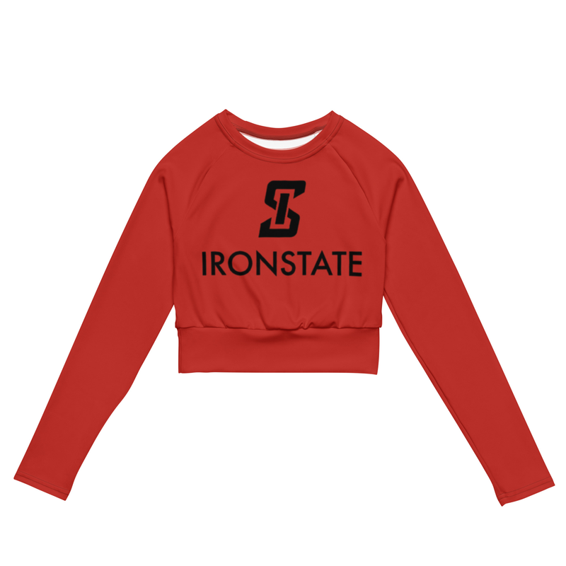 Ironstate Women's Crimson Red Long-Sleeve Crop Top Black Logo