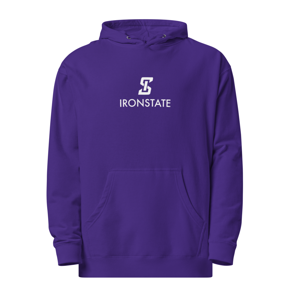 Ironstate Women's Purple Midweight Hoodie White Logo No Sweat,Beauty,Squat,Booty - front view